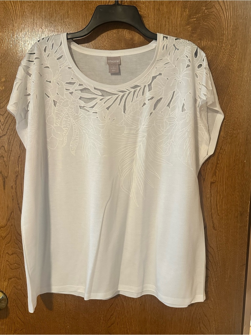 Chico's White Short-Sleeve Tee with Laser-Cut Floral Yoke